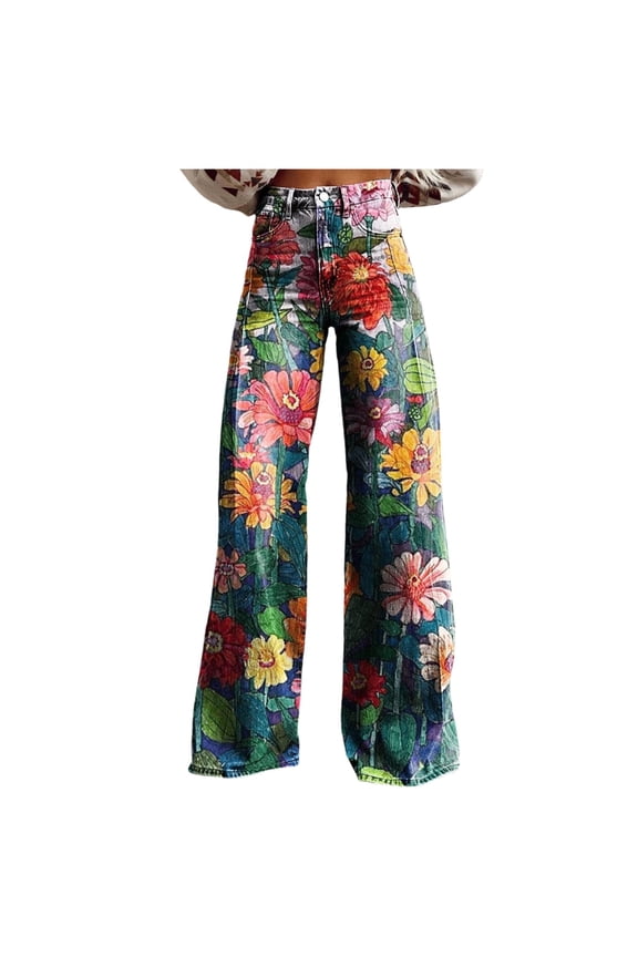 Womens Jeans Vintage Wide Leg Fashion High Waisted Denim 90S Floral Printed Pull On Baggy Womens Pants