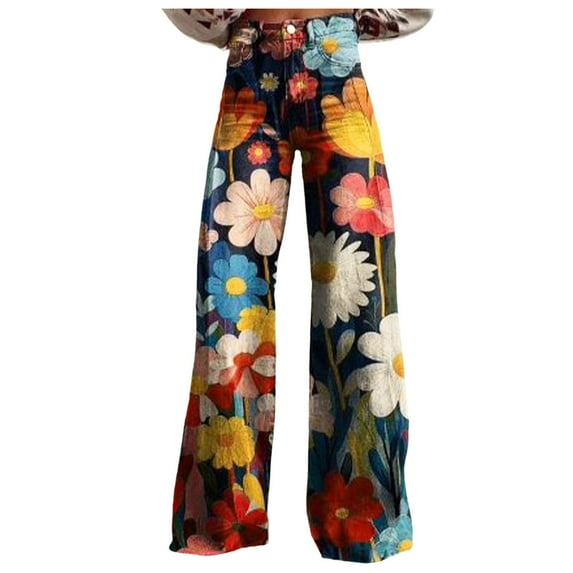 Womens Jeans Vintage Wide Leg Fashion High Waisted Denim 90S Floral Printed Pull On Baggy Womens Pants