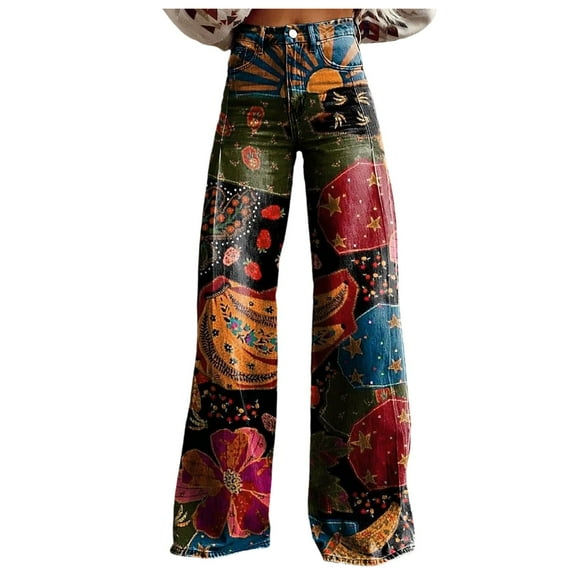 Womens Jeans Vintage Wide Leg Fashion High Waisted Denim 90S Floral Printed Pull On Baggy Womens Pants
