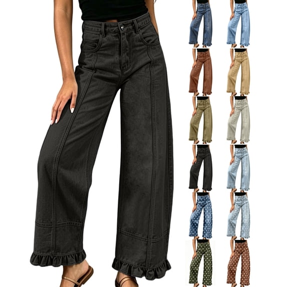 Womens Jeans Wide Leg High Waisted Straight Ruffle Hem Denim Pants with Pockets