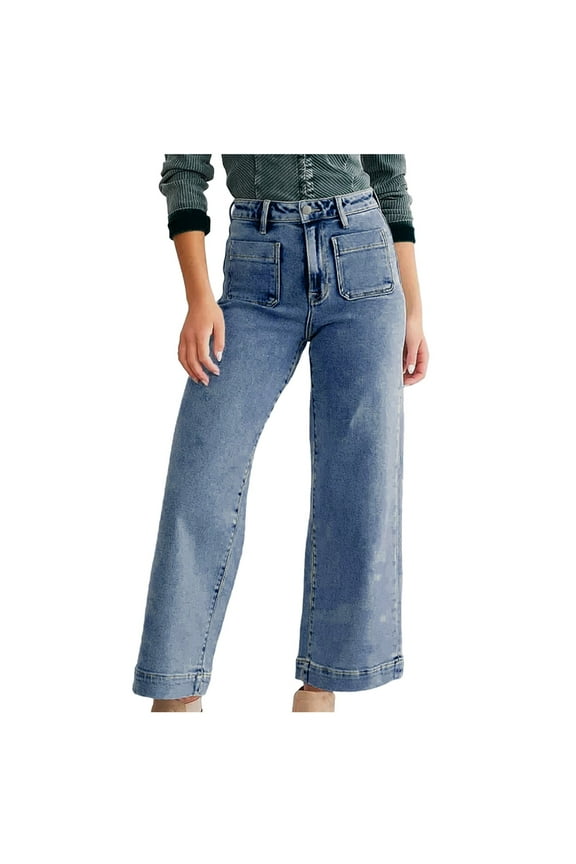 Womens Jeans Wide Leg Trendy High Waisted Flare Cropped Denim Stretchy Baggy Patch Pockets Blue Pants Sizes M