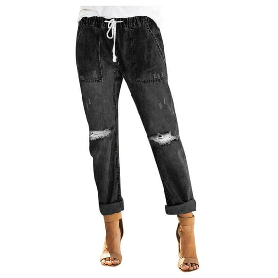 Womens Jeans Women Pull-On Distressed Denim Joggers Elastic Waist Stretch Pants Jeans For Women Trendy