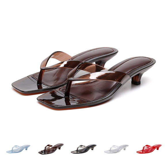 Womens Jelly Clear Low Heeled Thong Sandals Comfort Slip On Square Toe Transparent Kitten Heel Flip Flops Summer Beach Vacation Travel Casual Daily Slides, 39