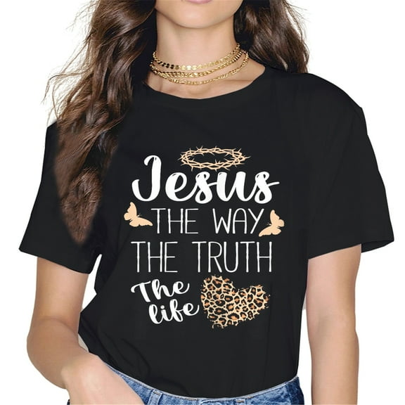 Womens Jesus Faith Christian T-Shirt The Way The Truth The Life Leopard Heart Graphic T-Shirt Black Large