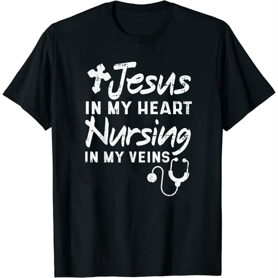 Womens Jesus Heart Nursing Veins Nurse RN God Faith Christian Gift T-Shirt Black 2XL