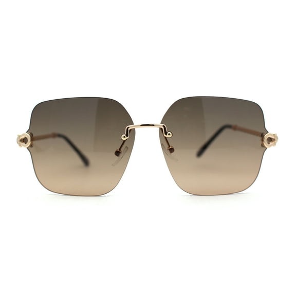 Womens Jewel Buckle Hinge Arm Rimless Butterfly Sunglasses Gold Brown