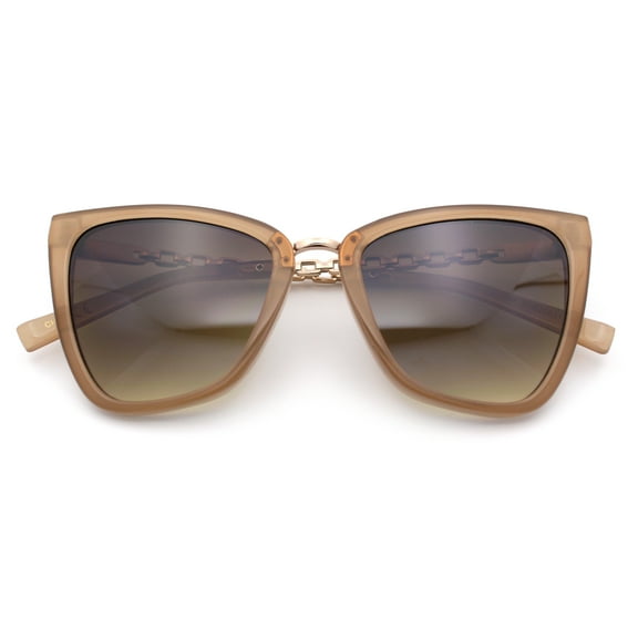 Womens Jewel Chain Arm Plastic Oversize Cat Eye Retro Diva Sunglasses Beige - Brown