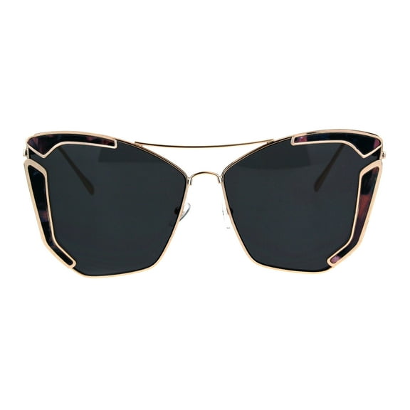 Womens Jewel Futuristic Metal Rim Flat Panel Lens Butterfly Sunglasses Gold Pink Tort