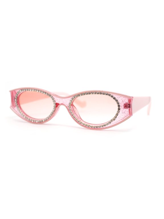 Womens Jewel Rhinestone Oval Glitter Concave Mid Temple Sunglasses All Pink