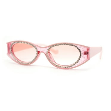 Womens Jewel Rhinestone Oval Glitter Concave Mid Temple Sunglasses All Pink