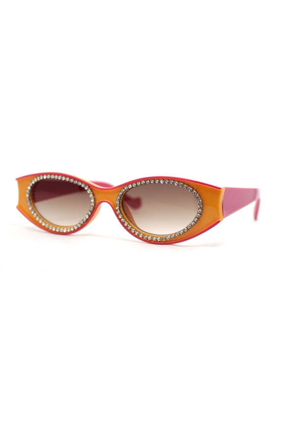 Womens Jewel Rhinestone Oval Glitter Concave Mid Temple Sunglasses Orange Fuchsia - Brown