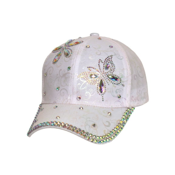 Womens Jeweled Butterfly Crystal Hat - Rhinestone Fashion Baseball Cap, Light Pink