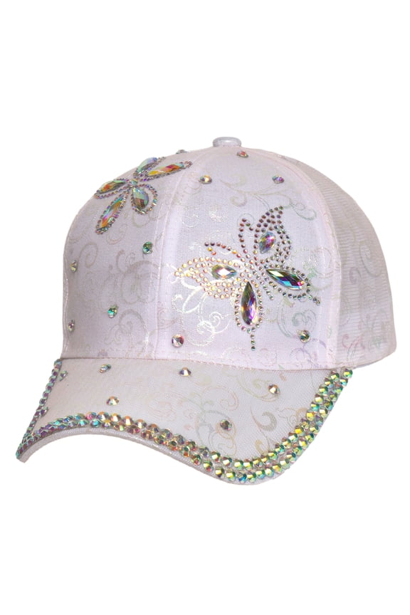 Womens Jeweled Butterfly Crystal Hat - Rhinestone Fashion Baseball Cap, Light Pink