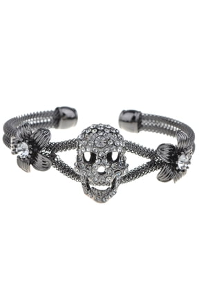 Womens Jewelry Gothic Punk Skull Floral Halloween Rhinestone Cuff Bracelet, Gray
