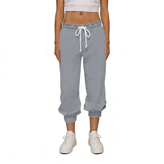 Womens Jogger Capris Ruffle Drawstring Waist Capris Pants Comfortable Loose Casual Cropped Trousers Gray XXL