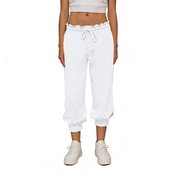 Womens Jogger Capris Ruffle Drawstring Waist Capris Pants Comfortable Loose Casual Cropped Trousers White M