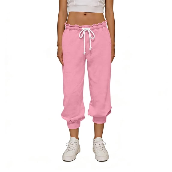 Womens Jogger Capris Ruffle Drawstring Waist Capris Pants Comfortable Loose Casual Cropped Trousers XXL
