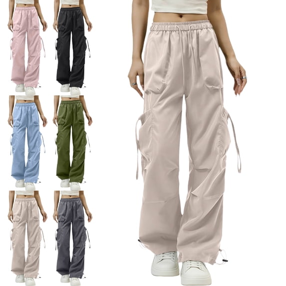 Womens Jogger Cargo Pants Windbreaker Drawstring Multi Pocket Breathable Casual Solid Color Trousers