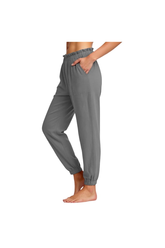 Womens Jogger Pants Casual Cotton Sweatpants High Waisted Ruffle Lounge Pants with Pockets Tapered Leg Soft Breathable Gray S-XXL,Size M