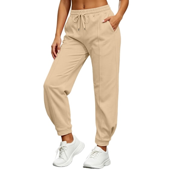 Womens Jogger Sweatpants Drawstring Elastic Waist with Pockets Casual Workout Khaki S