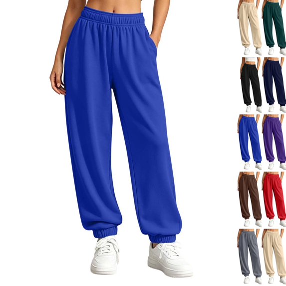 Womens Jogger Sweatpants Elastic High Waist Solid Relaxed Fit Joggers Ribbed Cuff Casual Athletic Trousers with Side Pockets Blue S