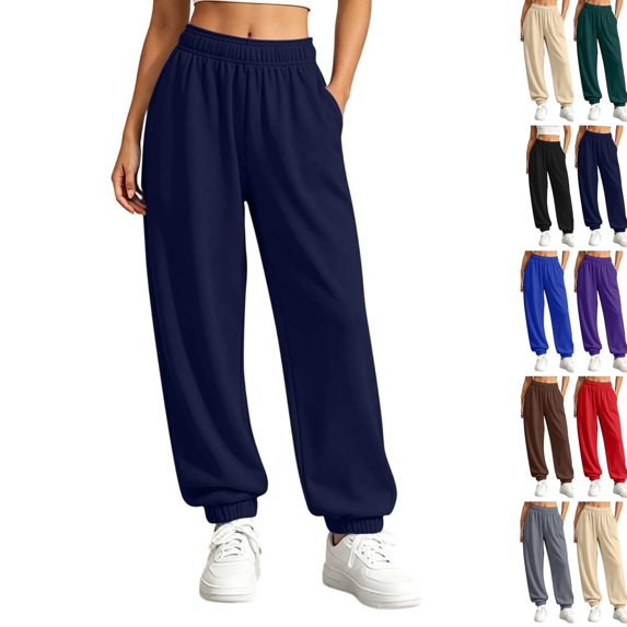 Womens Jogger Sweatpants Elastic High Waist Solid Relaxed Fit Joggers Ribbed Cuff Casual Athletic Trousers with Side Pockets Navy M