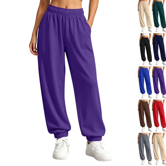 Womens Jogger Sweatpants Elastic High Waist Solid Relaxed Fit Joggers Ribbed Cuff Casual Athletic Trousers with Side Pockets Purple L