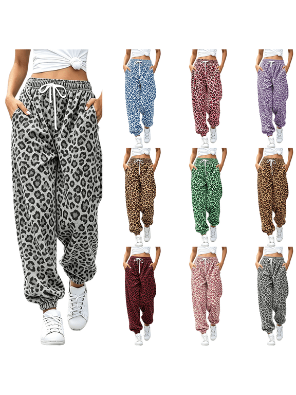 Womens Jogger Sweatpants Leopard Print Comfy Long Lounge Bottom Drawstring Elastic Waist Pants with Pockets Gray XL