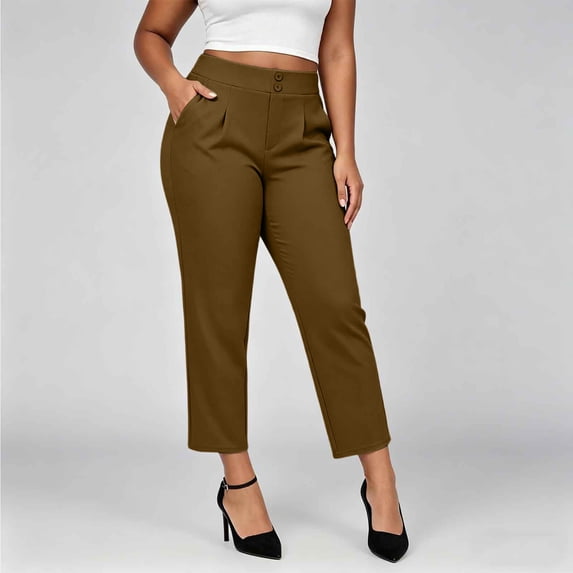 Womens Jogger Sweatpants Plus Size Women's Cropped Dress Pants High Waist Button Closure Pleated Front Straight Leg Work Capris with Pockets Brown L