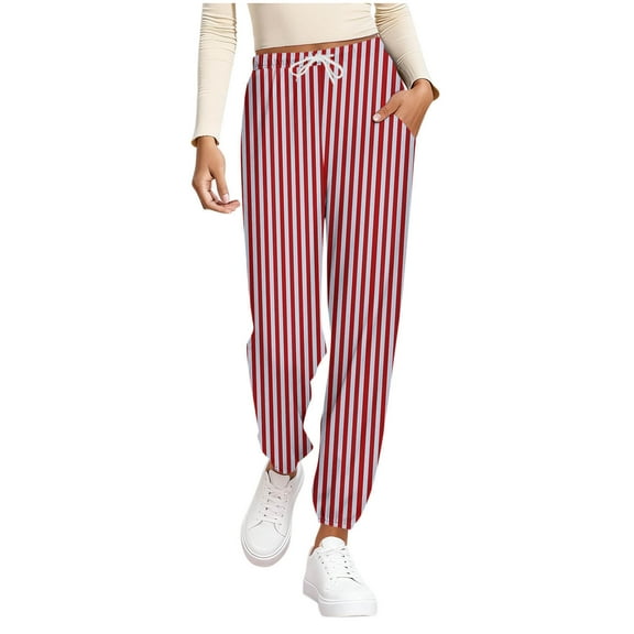 Womens Joggers, Striped Print Joggers for Women Drawstring Elastic Waist Pajama Bottom Casual Long Pants with Pockets Loungewear
