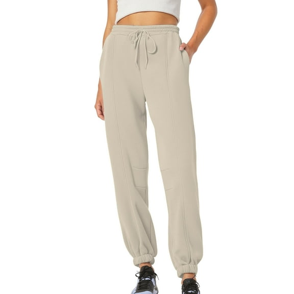 Womens Jogging Sweatpants Casual Loose Baggy Sweat Pants with Pocket Drawstring Elastic Waist Trousers for Workout Running Sweat Pants for Ladies Beige S