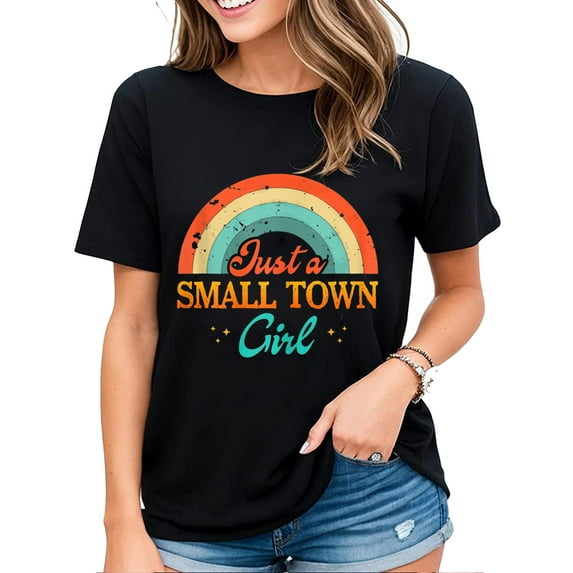 Womens Journey Tshirt Just A Small Town Girl Retro Vintage Rainbow Journey Shirt Casual Short Sleeve Tops Black 2X-Large