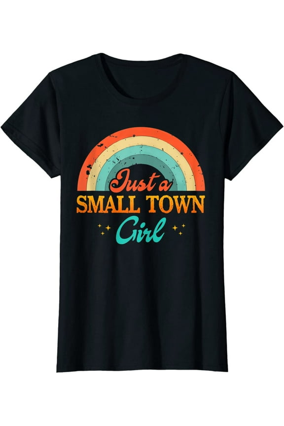 Womens Journey Tshirt Just A Small Town Girl Retro Vintage Rainbow Journey Shirt Casual Short Sleeve Tops Black Large