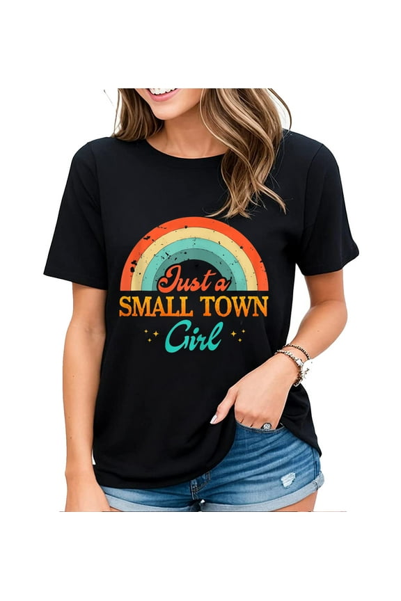 Womens Journey Tshirt Just A Small Town Girl Retro Vintage Rainbow Journey Shirt Casual Short Sleeve Tops Black Medium