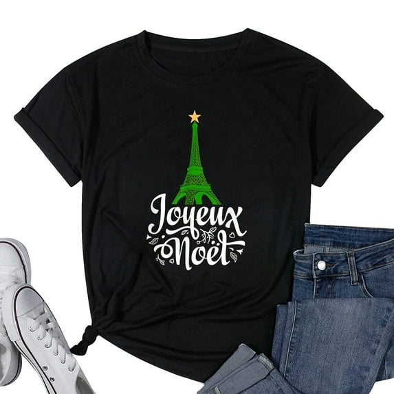 Womens Joyeaux Noel French Christmas - Eiffel Tower & Tree Star T-Shirt Black 3X-Large