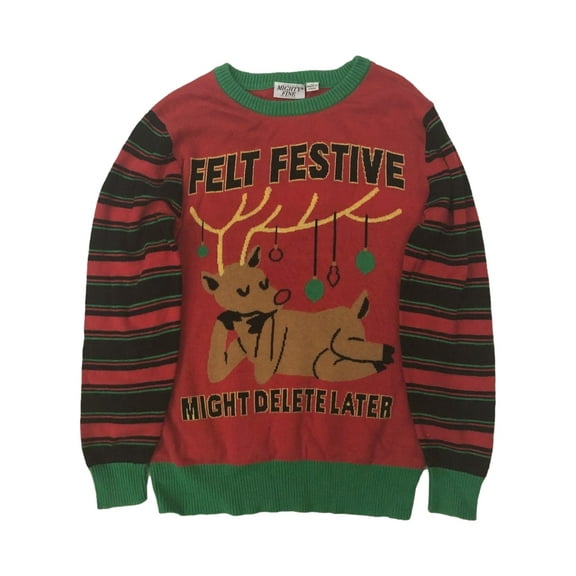 Womens (Jrs) Funny Red Reindeer Felt Festive Christmas Holiday Sweater Small