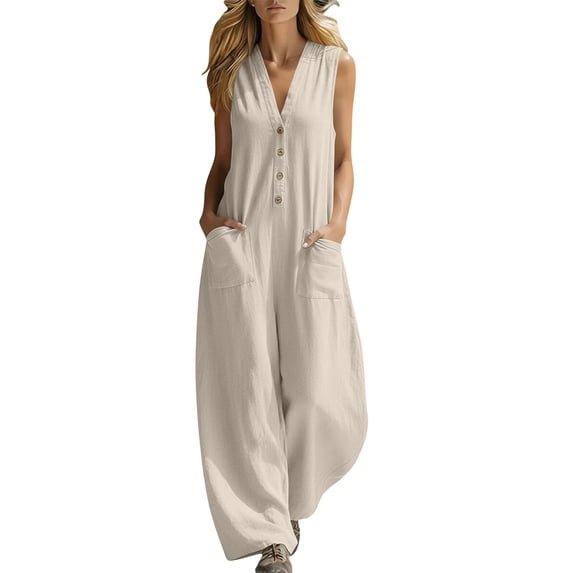 Womens Jumper Casual V Neck Sleeveless Button Down One Piece Jumpsuits Summer Wide Leg Overalls with Pockets