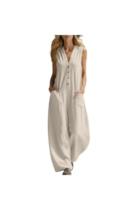 Womens Jumper Casual V Neck Sleeveless Button Down One Piece Jumpsuits Summer Wide Leg Overalls with Pockets