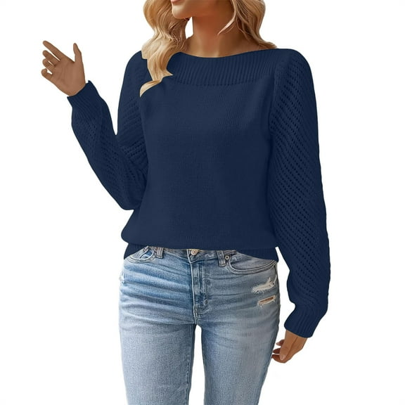 Womens Jumper Comdrip Womens Fall Long Sleeve Solid Color Sweaters Casual Outfits Puff Sleeve Knitted Pullover Jumper Tops Women Sweater Navy XS