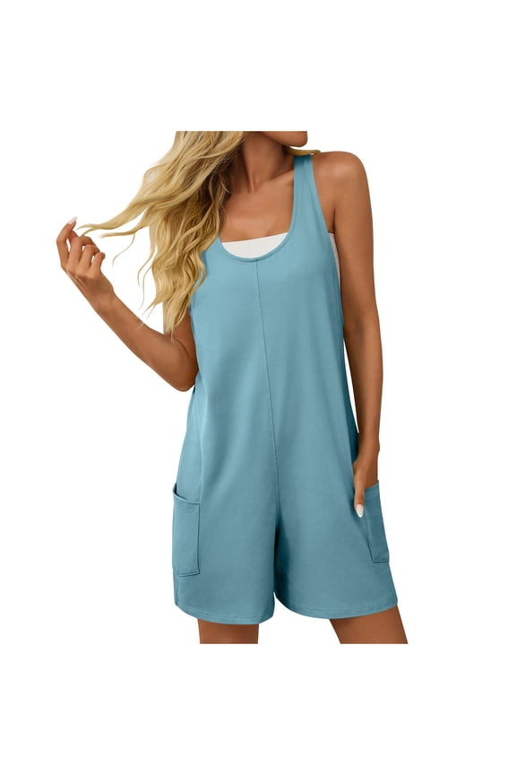 Womens Jumper Lightweight Casual Crew Neck Sleeveless Rompers Summer Shorts Jumpsuits with Pockets