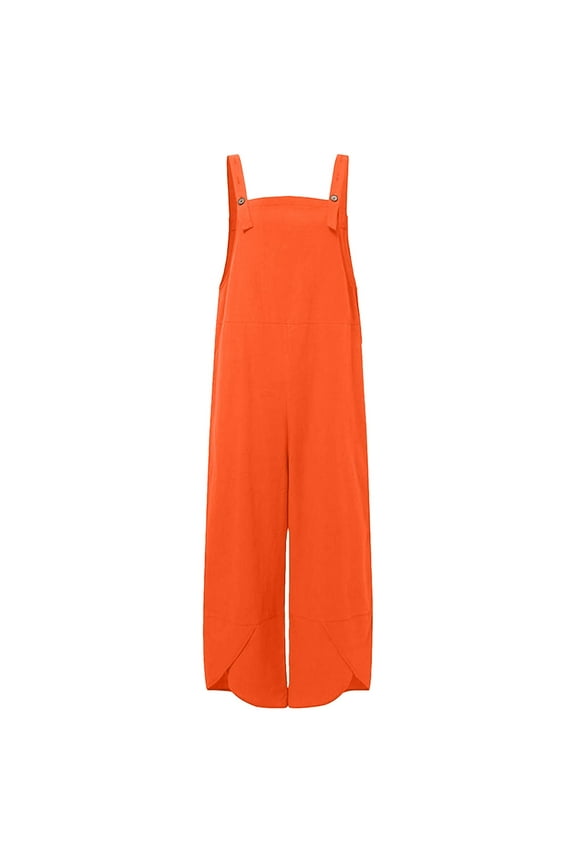 Womens Jumpers And Rompers Casual Fashion Solid Pocket Long Playsuit Strap Button Romper Orange XL