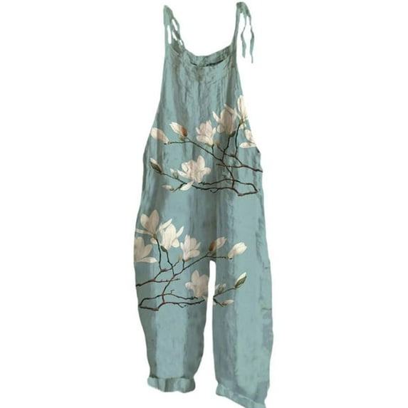 Womens Jumpsuit Boho Floral Print Cotton Linen Sleeveless Spaghetti Strap Baggy Wide Leg Pocket Overalls Plus Size Jumpsuit
