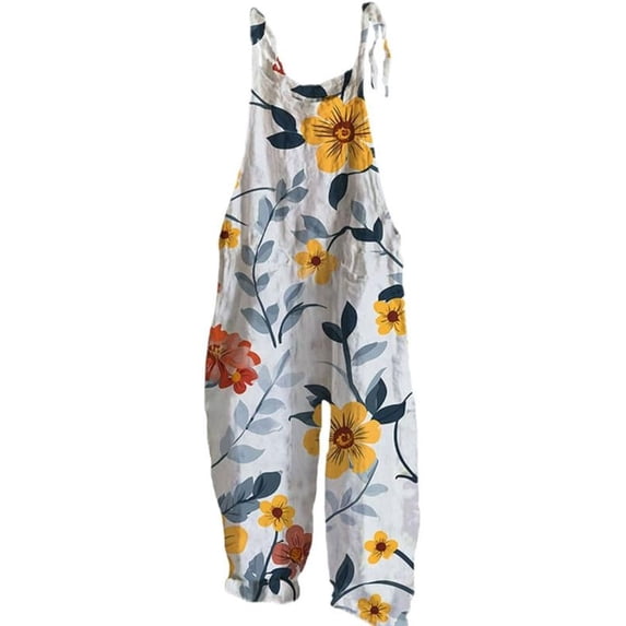 Womens Jumpsuit Boho Floral Print Cotton Linen Sleeveless Spaghetti Strap Baggy Wide Leg Pocket Overalls Plus Size Jumpsuit
