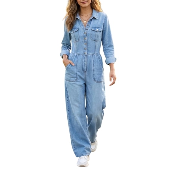 Cozy Rompers Womens Jumpsuit Button Front Long Sleeve Wide Leg Cozy Jean Romper ...