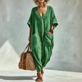 thumbnail image 1 of Womens Jumpsuit Casual 3/4 Sleeve V Neck Loose Long Pants with Pockets Summer Flowy Green S, 1 of 4