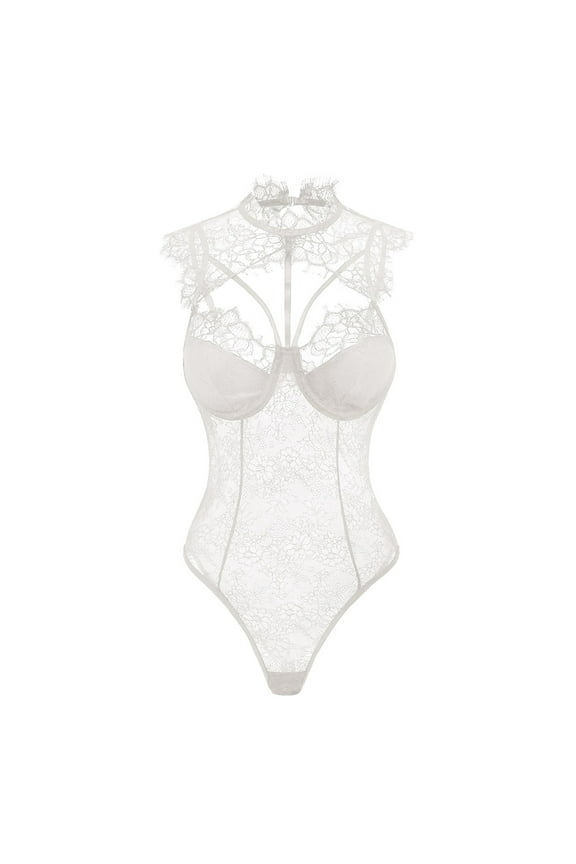 Womens Jumpsuit Casual Hot Girl Style Suspender Lace Slim See Through Outwear,White,M