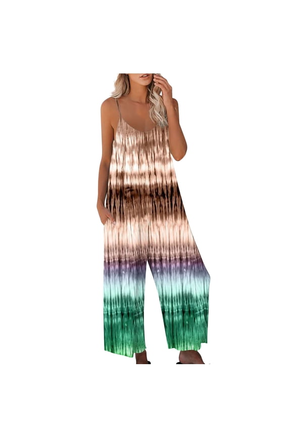 Womens Jumpsuit Casual Loose Sleeveless Adjustable Spaghetti Strap Stretchy Wide Leg Romper,Brown,XL