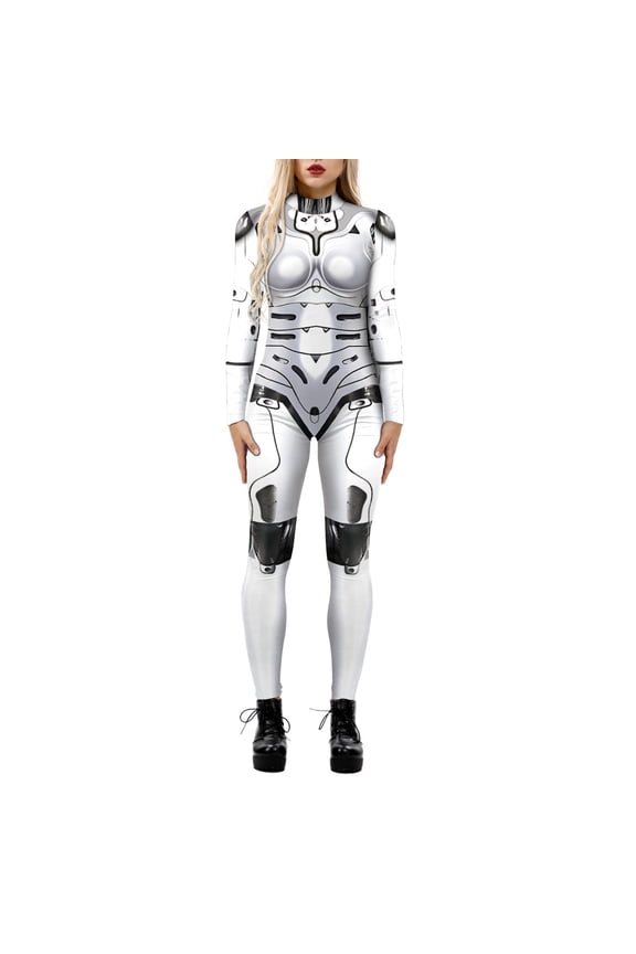 Womens Jumpsuit Casual Skeleton Robot 3D Printing Zipper Back Romper,White,M