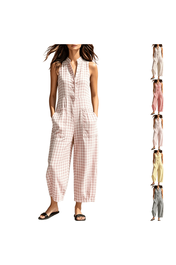 Womens Jumpsuit Dressy Sleeveless Jumpsuit Half Button Stand Collared Solid Color Overalls Loose Wide Leg Plaid Jumpsuits with Pockets Gingham Pink XL