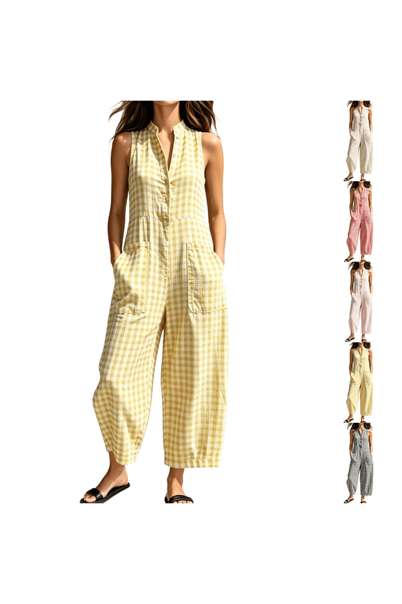 Womens Jumpsuit Dressy Sleeveless Jumpsuit Half Button Stand Collared Solid Color Overalls Loose Wide Leg Plaid Jumpsuits with Pockets Gingham Yellow S